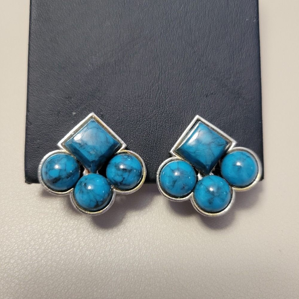 Vintage LISNER Faux Turquoise Silver Tone Clip On Earrings Retro Mid Century 1"